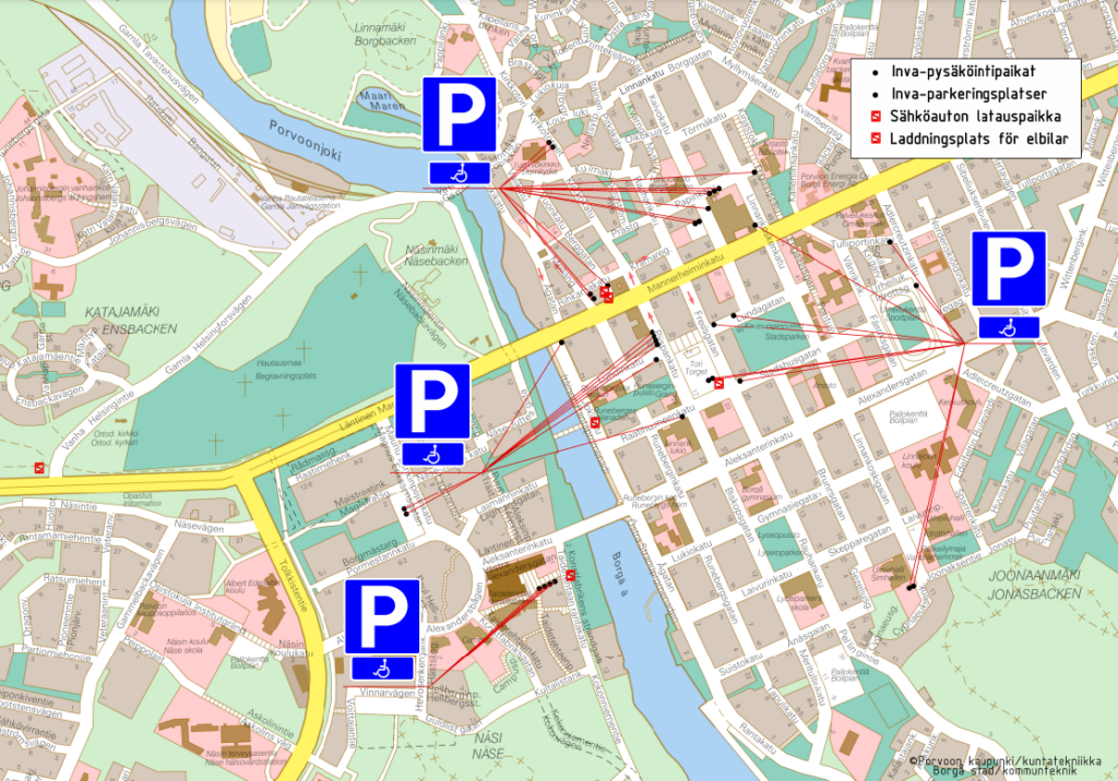 Karta med inva-parkeringsplatser och laddningsplatser för elbilar.