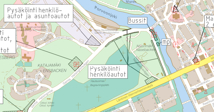 Pysäköintialueet kartalla Vanhan Porvoon vierailijoille.