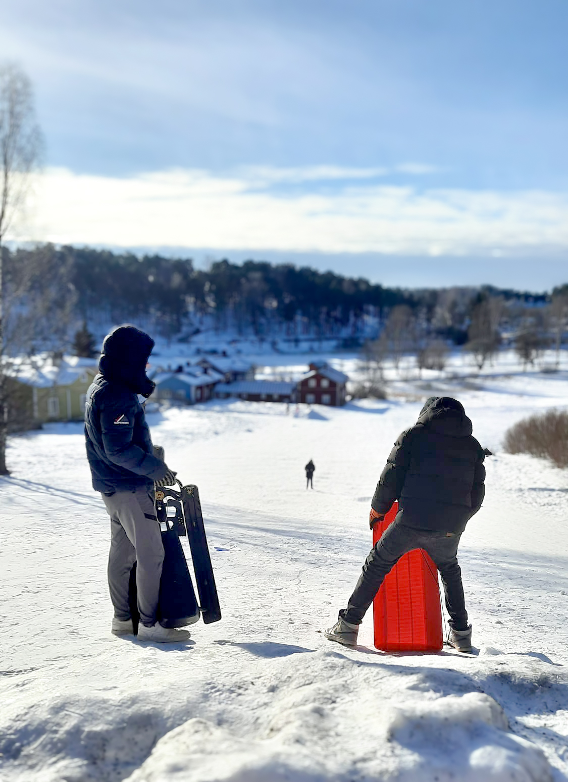 Kaksi nuorta laskee mäkeä Linnamäellä