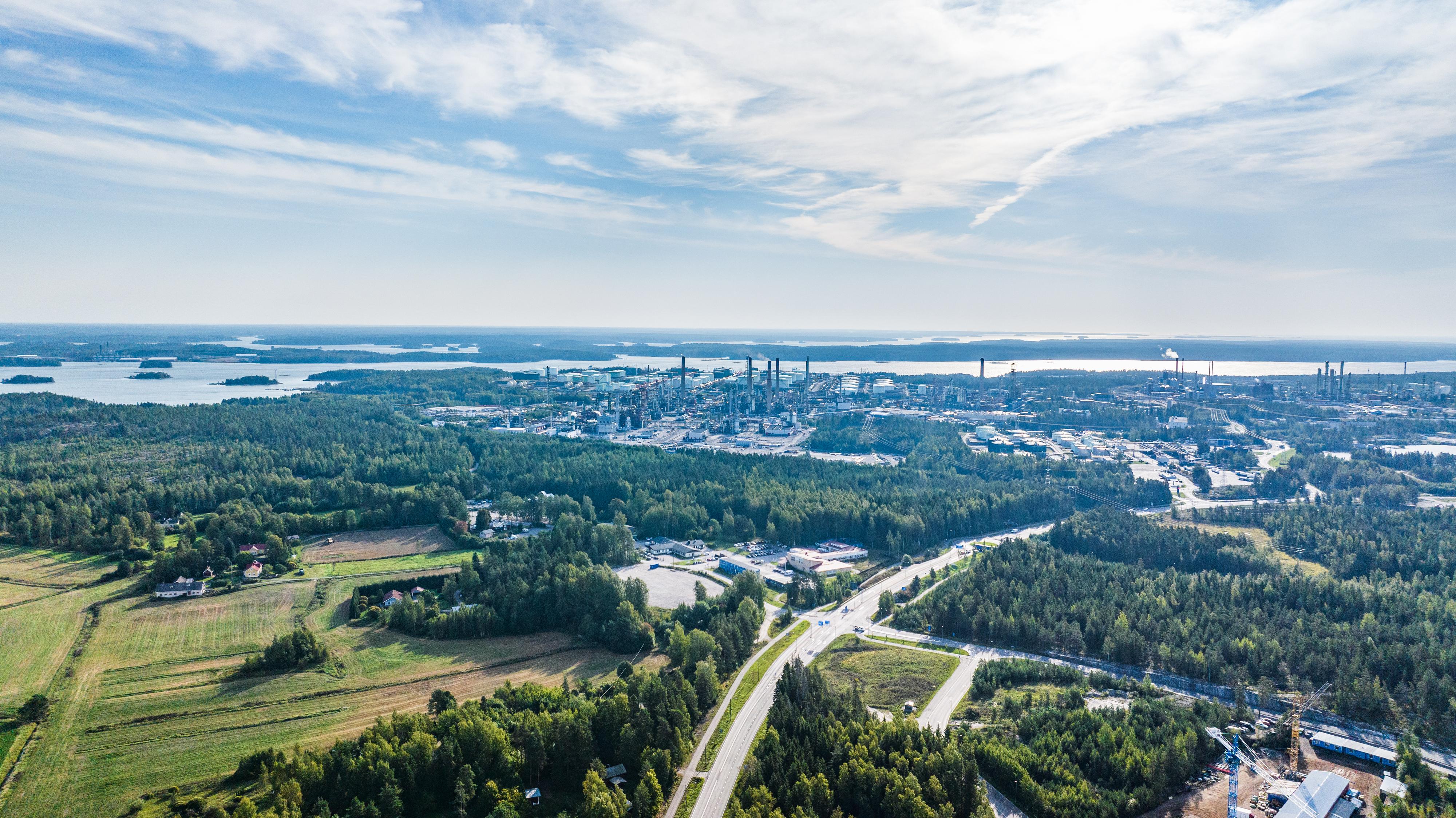 Aerial photo of Porvoo kilpilahti, Baltic Sea in the background